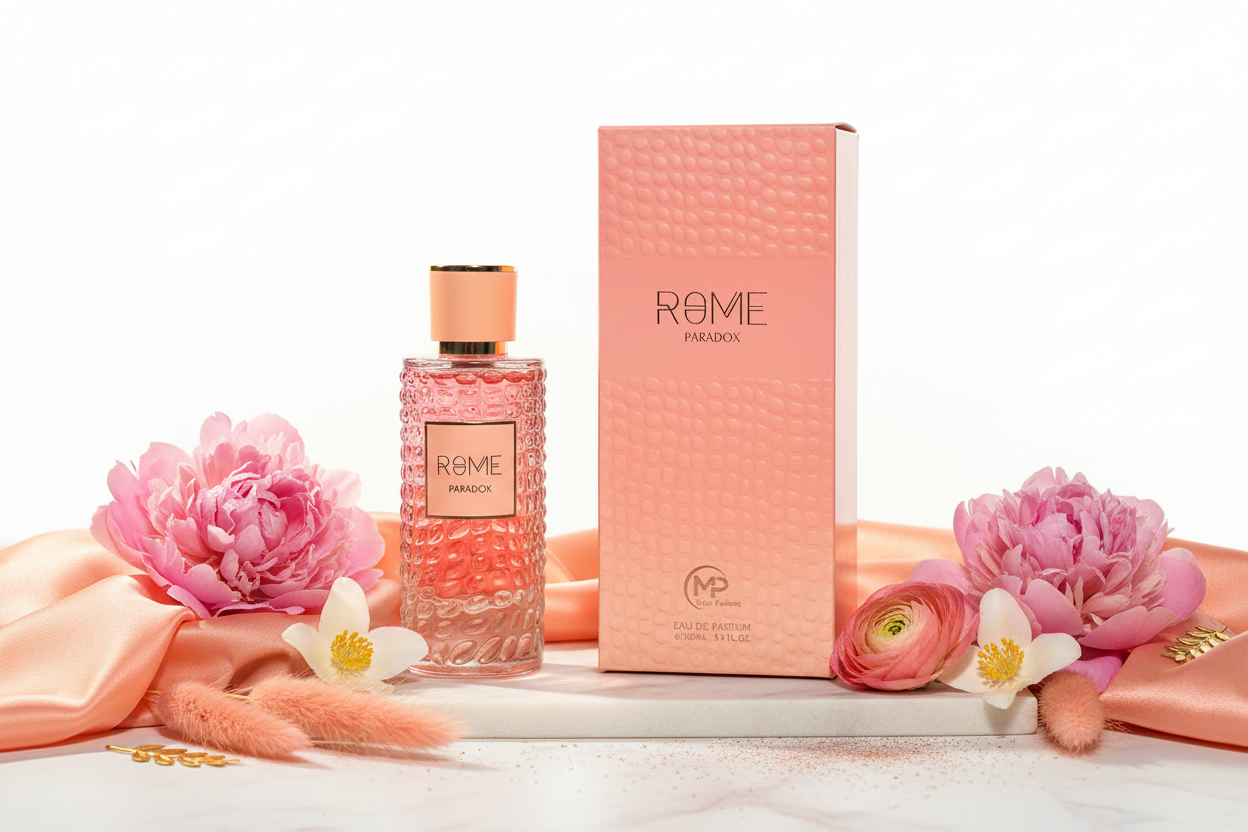 Perfume RAME Paradox para mujer: botella rosa y caja rosa en set