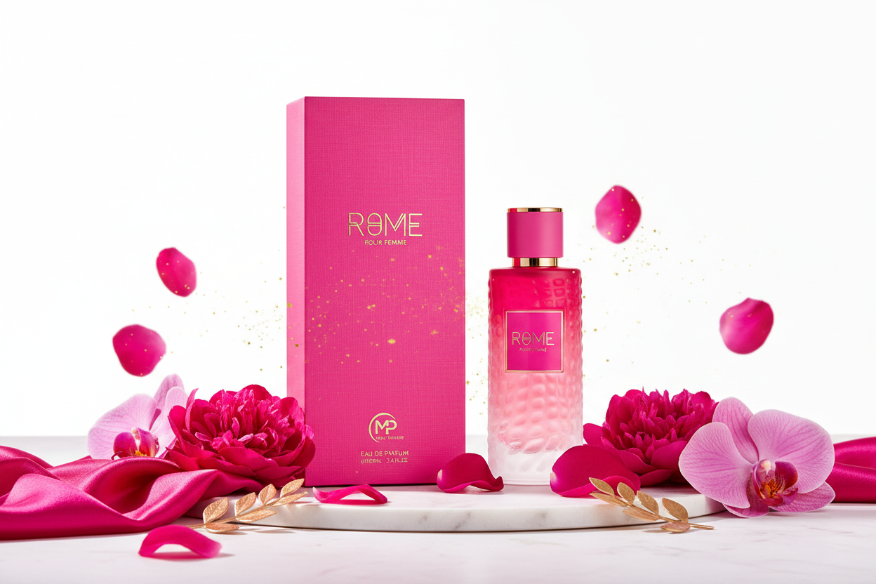 Perfume Rome Pour Femme Eau de Parfum en botella y caja rosa, 100 ml