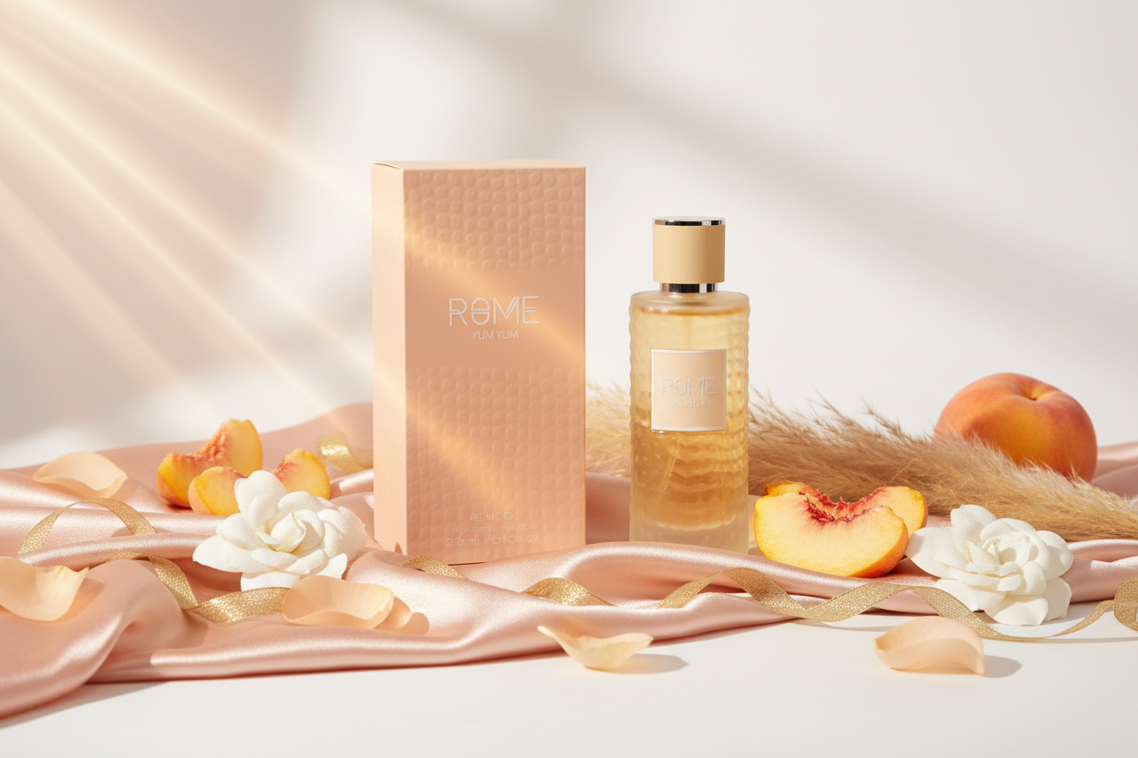 Perfume Eau de Parfum Bharara Rome en frasco ámbar con caja rosa