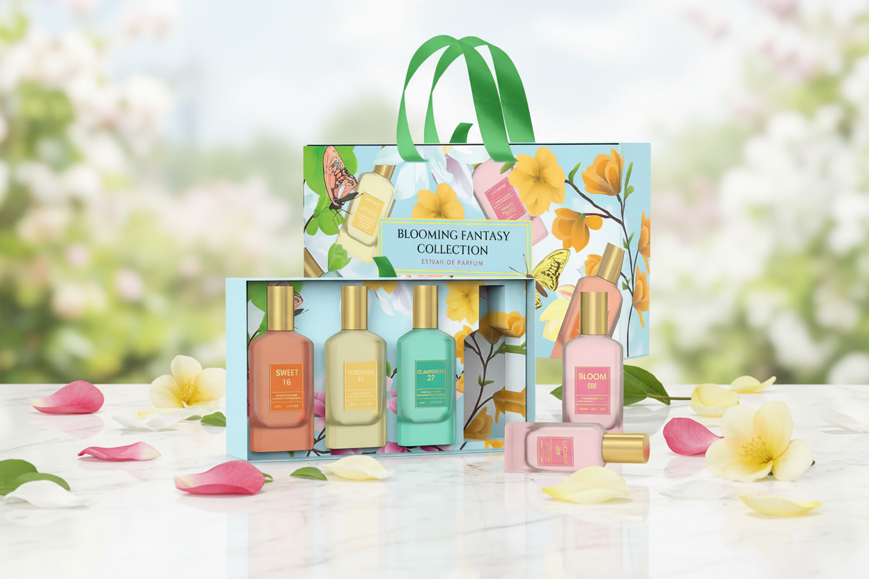 Set de fragancias Emper Blooming Fantasy en estuche con botellas mini y bolsita verde