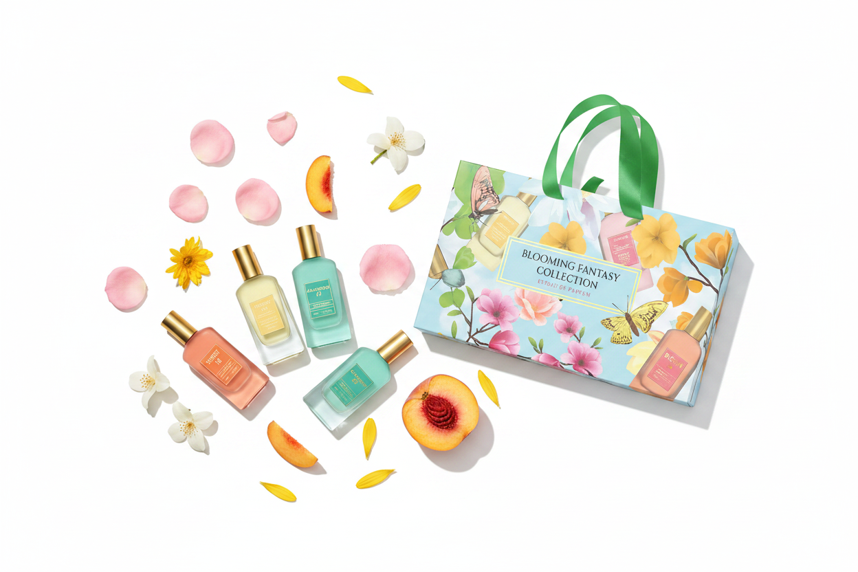 Set de fragancias Emper Blooming Fantasy con bolsita verde y botellitas de colores