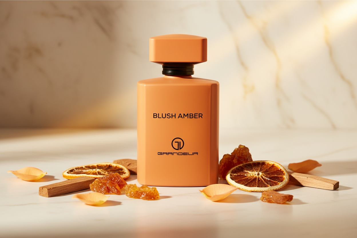 Botella de eau de parfum Blush Amber con tapa naranja y decoración cítrica