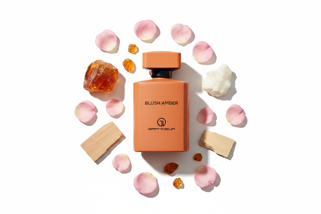 Frasco de eau de parfum Blush Amber con tapa naranja, acabado ámbar