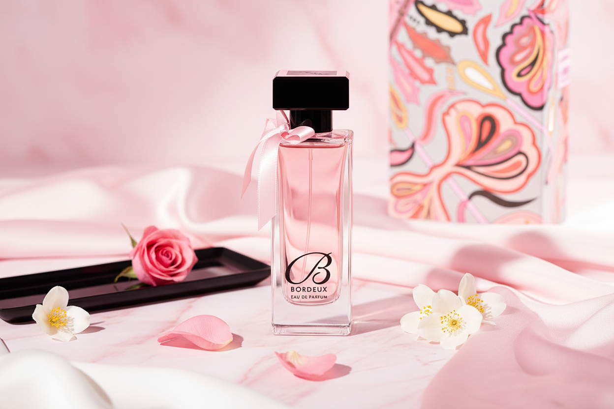 Botella de Eau de Parfum Bordeaux sobre tela satinada rosa, atomizador negro