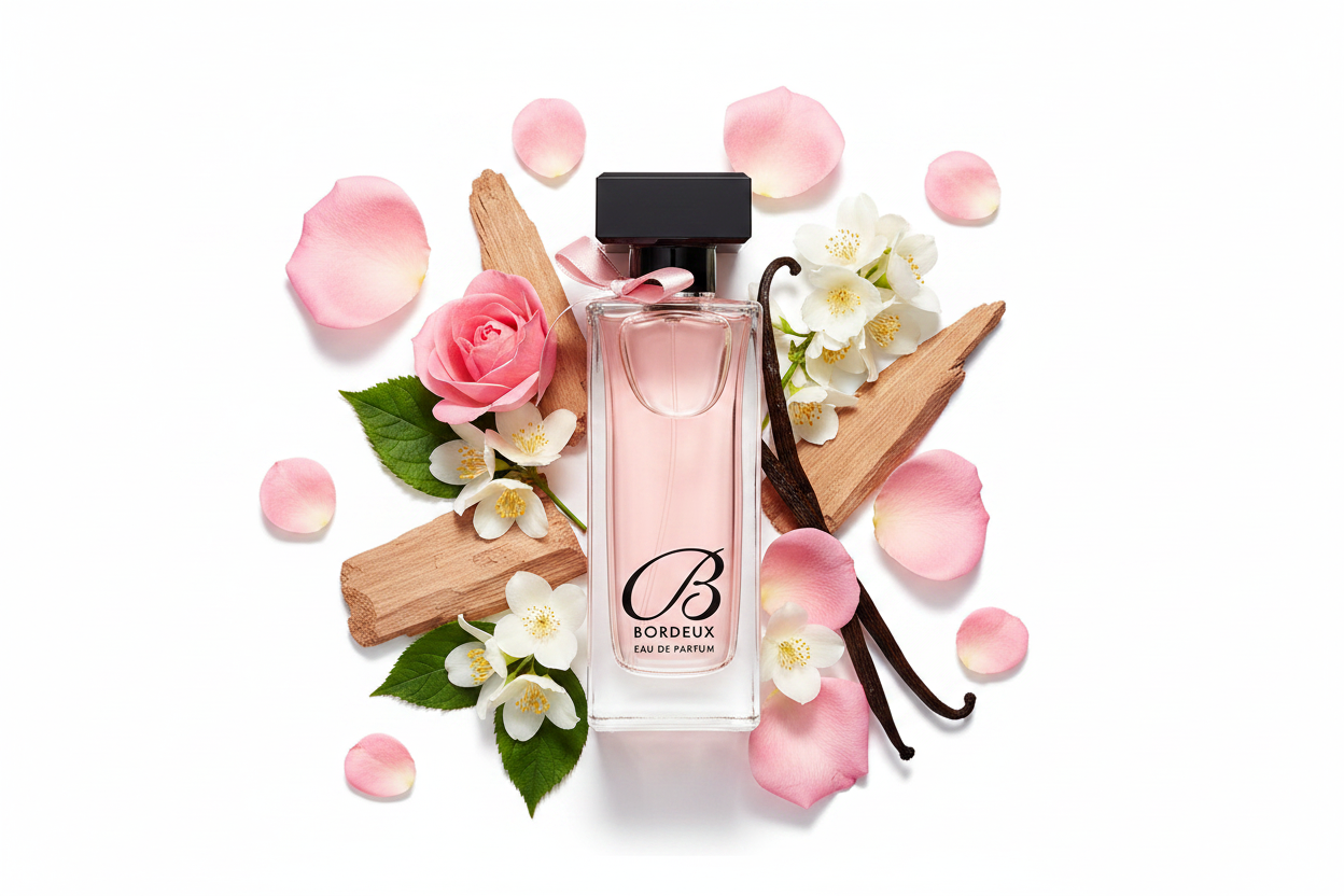 Botella de Eau de Parfum Bordeaux con atomizador negro y etiqueta rosada, 100 ml