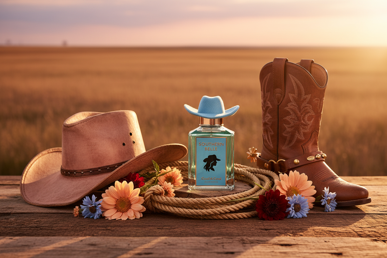 Perfume C&C Southern Belle en botella de 100 ml junto a botas y sombrero vaquero.