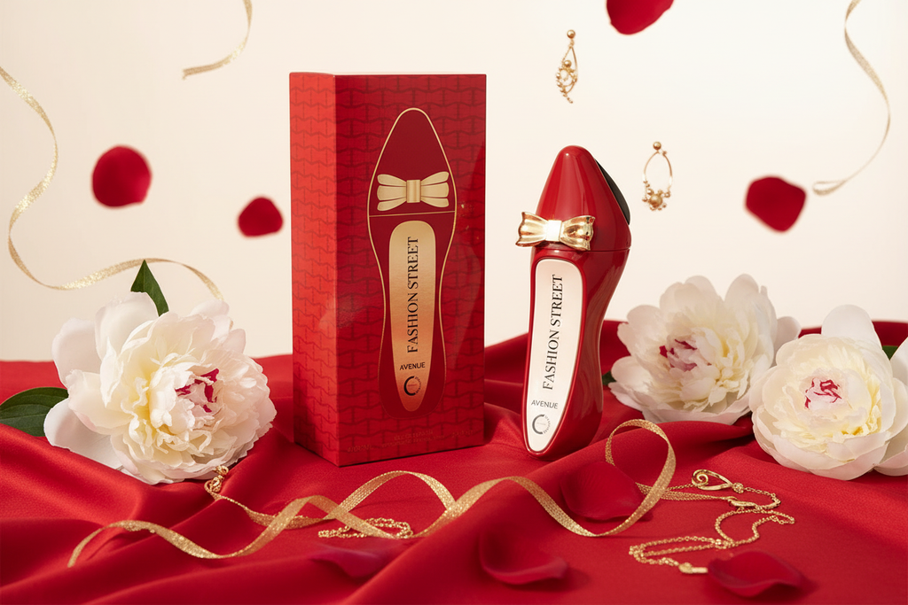Frasco de Eau de Parfum rojo con caja y tapa dorada, 100 ml