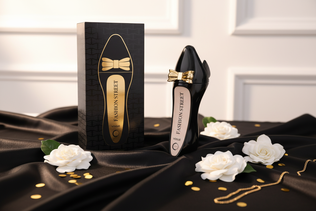Perfume Eau de Parfum en botella negra con detalles dorados y caja negra.