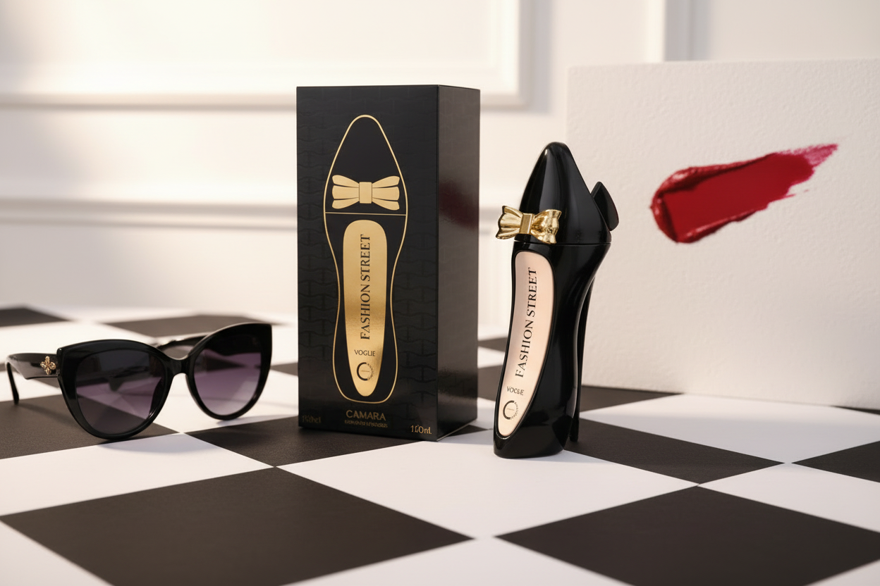 Conjunto de Eau de Parfum: botella negra con detalles dorados y caja, 100 ml.