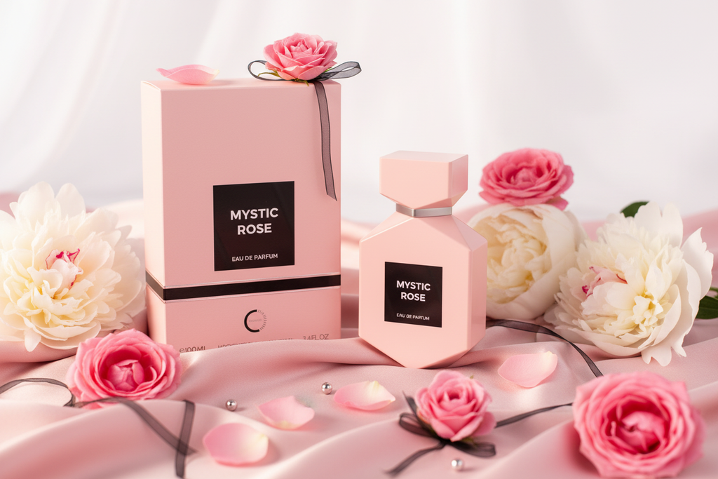 Perfume Eau de Parfum Camara Mystic Rose en frasco rosa y caja rectangular rosa.