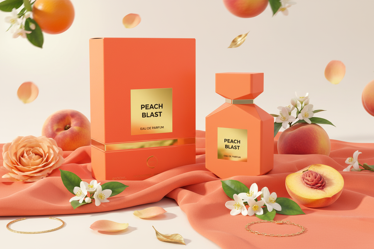 Perfume Camara Peach Blast Eau de Parfum en caja color melocotón, frasco visible