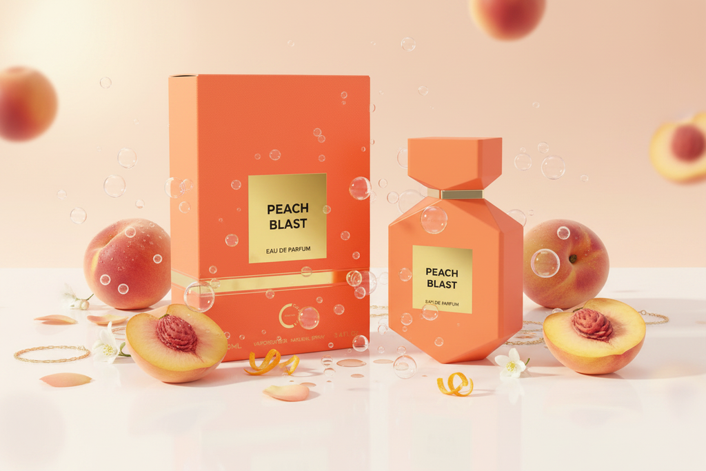 Perfume Camara Peach Blast Eau de Parfum en frasco y caja naranja con burbujas