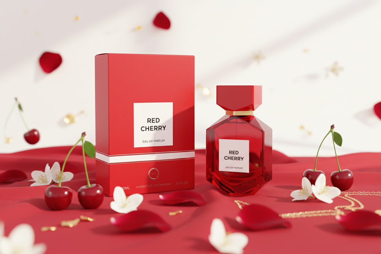 Perfume Camara Red Cherry en frasco rojo y caja, 100 ml