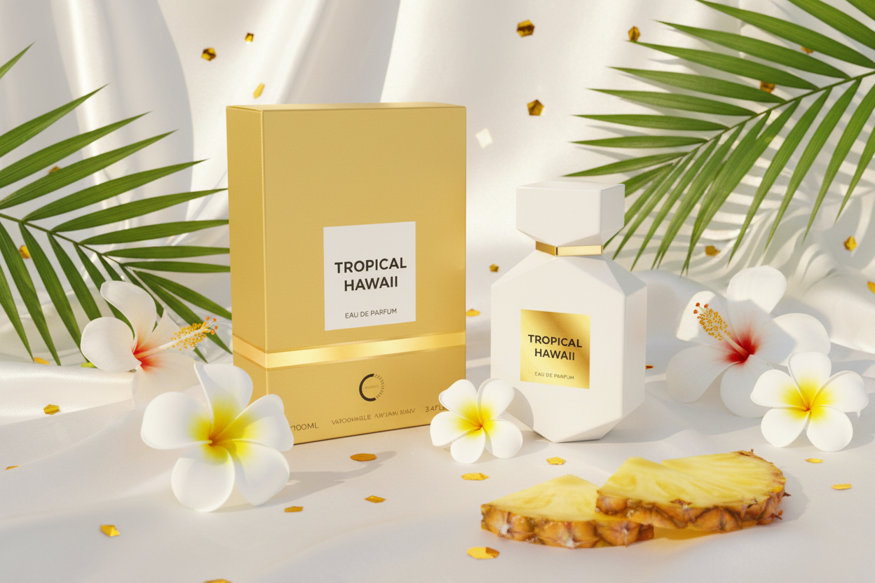 Perfume Tropical Hawaii Eau de Parfum 100 ml con caja y frasco blanco y dorado