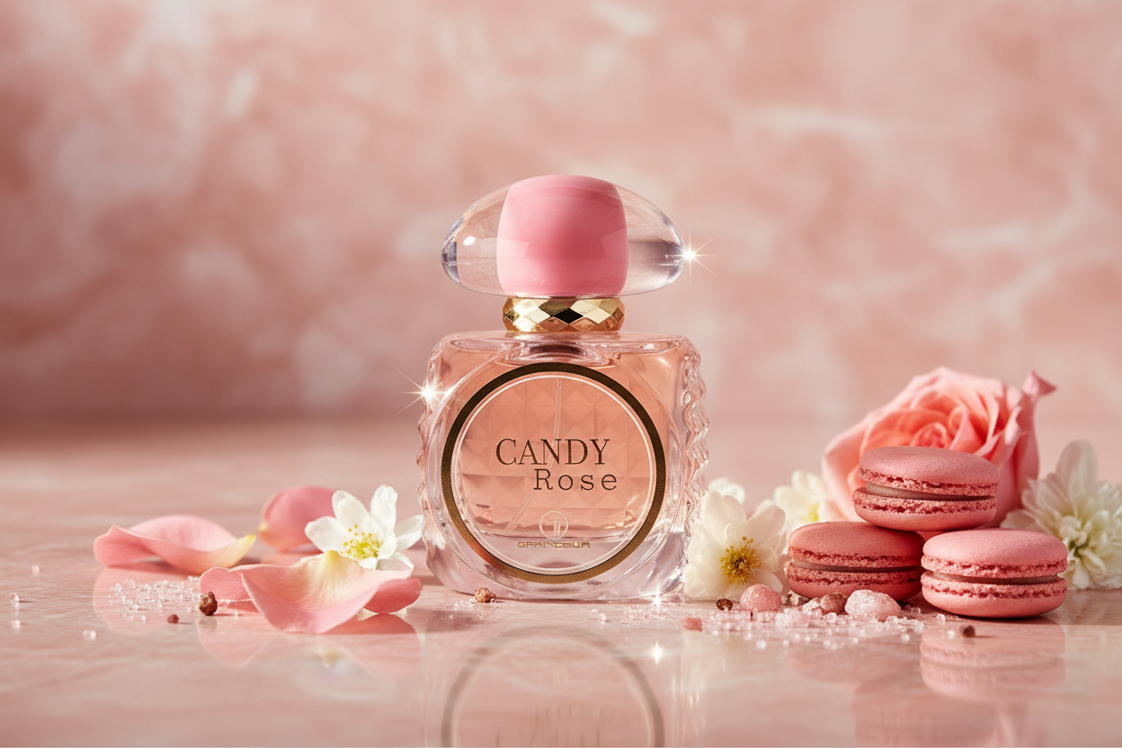 Perfume Eau de Parfum en frasco transparente con detalles rosa y etiqueta circular