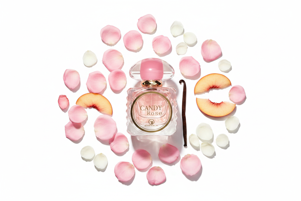 Perfume Grandeur Eau de Parfum en frasco de vidrio rosa con tapa esférica y pétalos