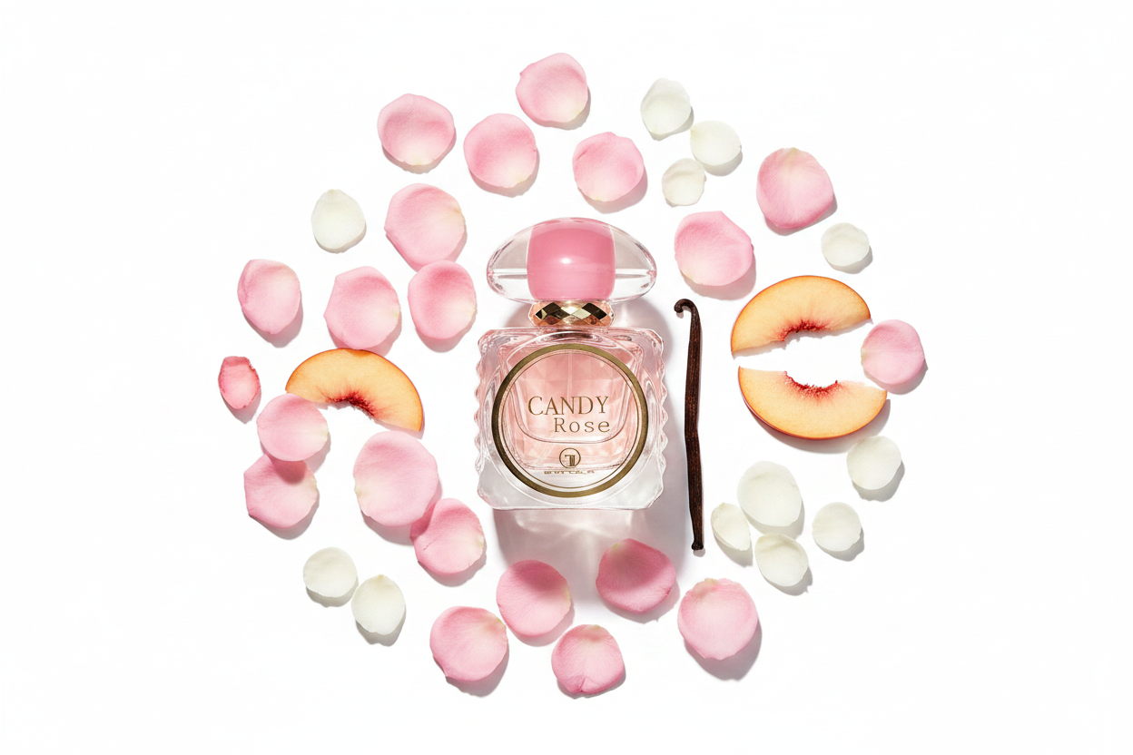 Perfume Grandeur Eau de Parfum en frasco de vidrio rosa con tapa esférica y pétalos
