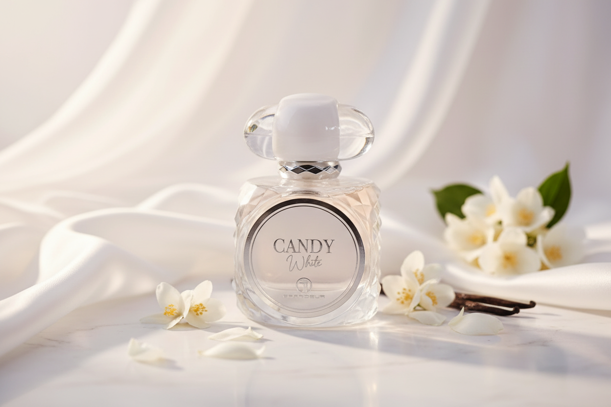 Frasco de Eau de Parfum Candy White visto de frente, con tapa oval