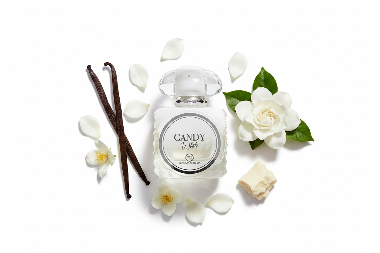 Frasco de Eau de Parfum Candy White con tapa transparente y etiqueta central