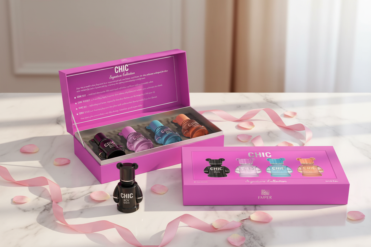 Set de 4 mini perfumes en estuche rosa con cinta y caja plegada