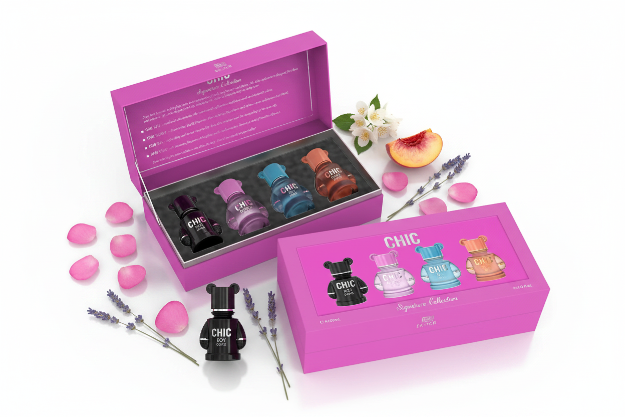 Estuche regalo rosa con 4 mini perfumes, frascos y caja exterior