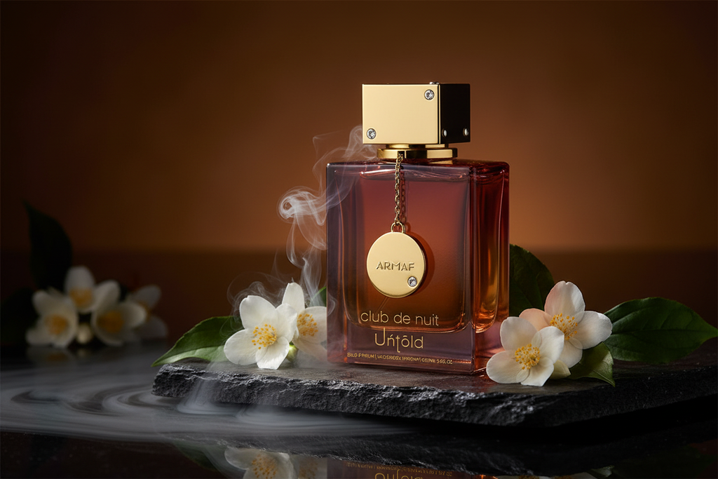 Perfume Eau de Parfum: frasco ámbar con tapa dorada y caja negra