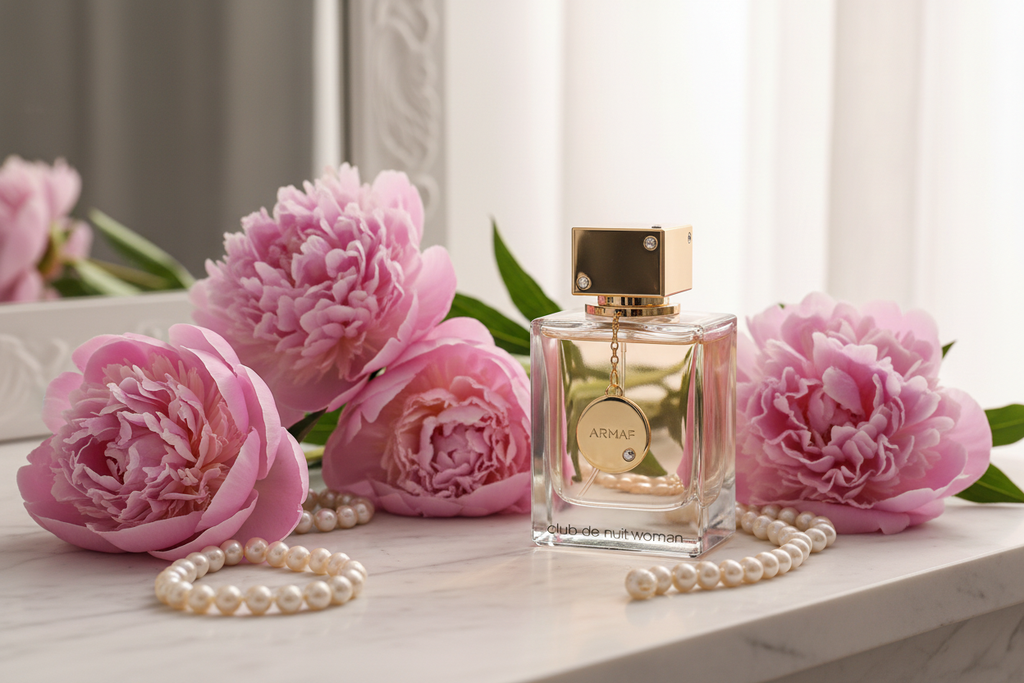 Perfume Armaf Club de Nuit woman en frasco de vidrio con colgante y atomizador dorado