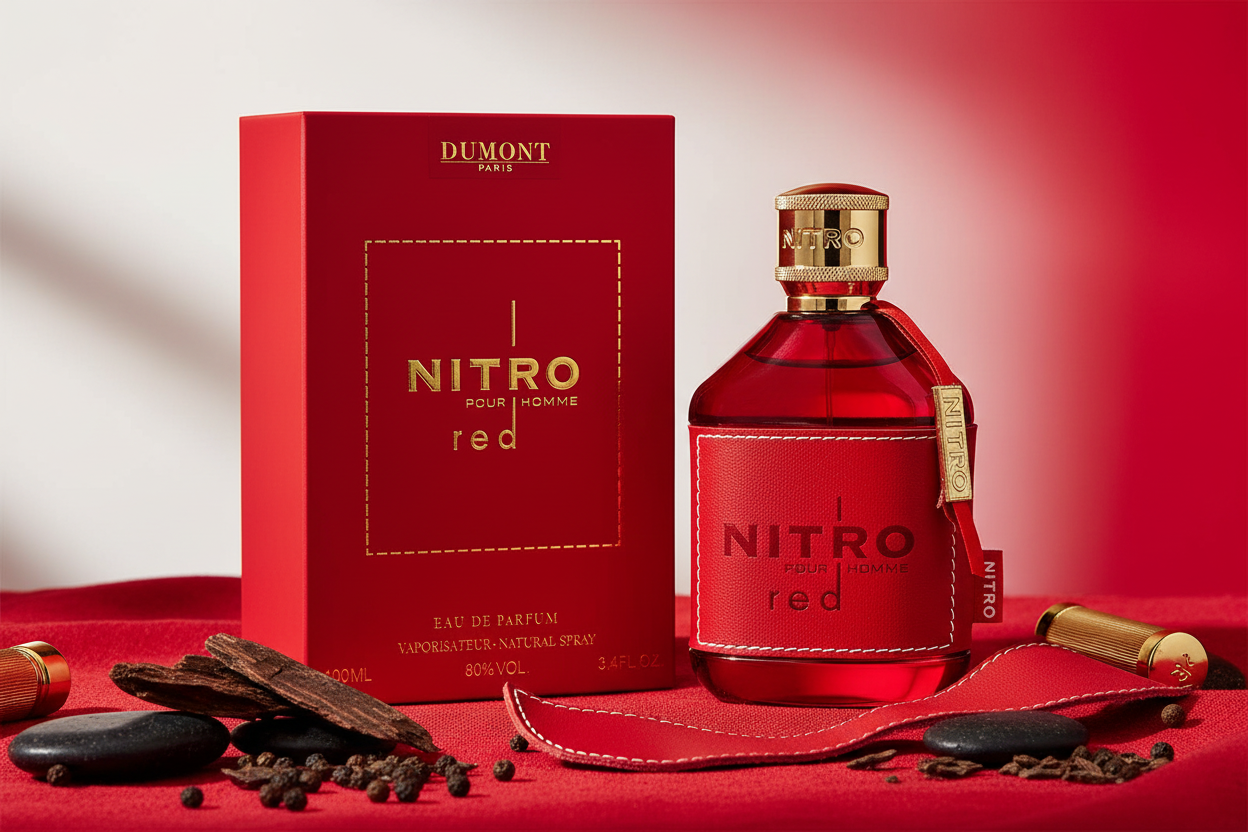 Perfume Dumont Nitro Red en frasco de vidrio con caja roja, 100 ml