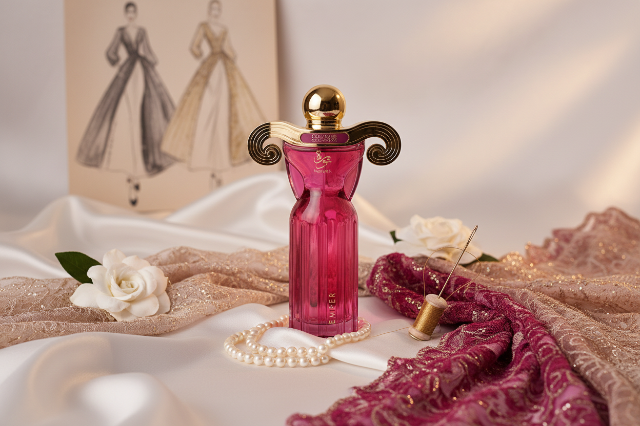 Perfume Noura en frasco rosa oscuro con tapa dorada sobre tela beige y flores