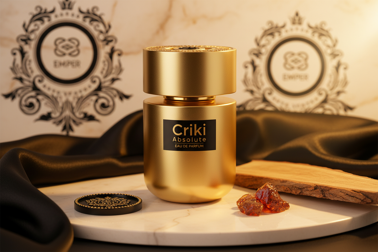 Eau de parfum Criki Absolute 100 ml, frasco dorado sobre tela y piedras