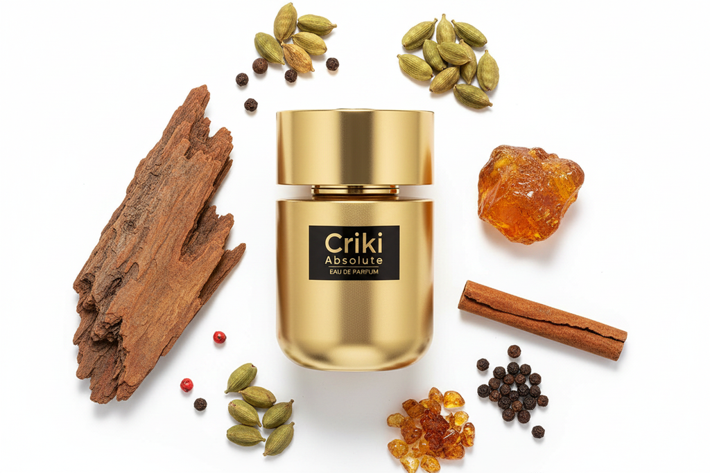 Eau de parfum Criki Absolute 100 ml, frasco dorado con tapa