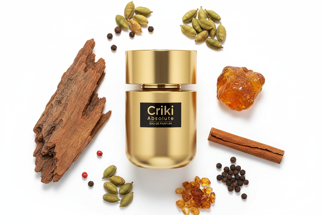 Eau de parfum Criki Absolute 100 ml, frasco dorado con tapa