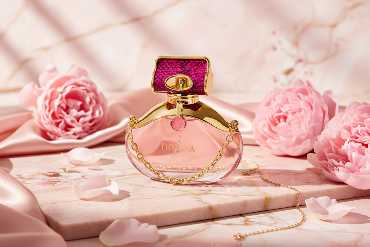 Frasco de Eau de Parfum rosa con atomizador dorado y cadena decorativa