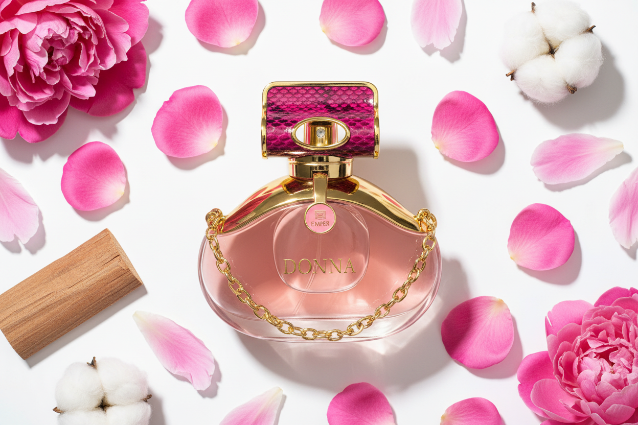 Botella de Eau de Parfum rosa con tapón dorado y cadena decorativa