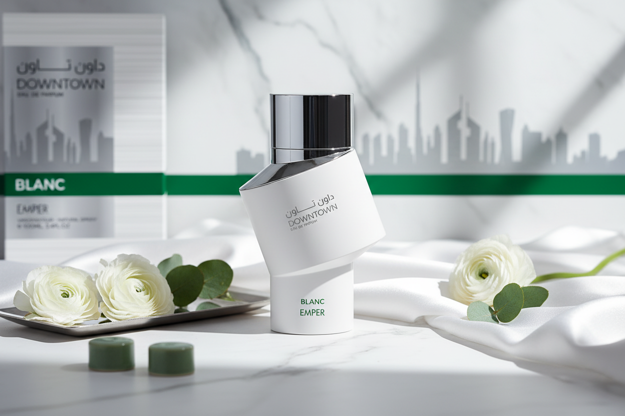Perfume Emper Downtown Blanc: frasco blanco con tapa plateada y caja, Eau de parfum