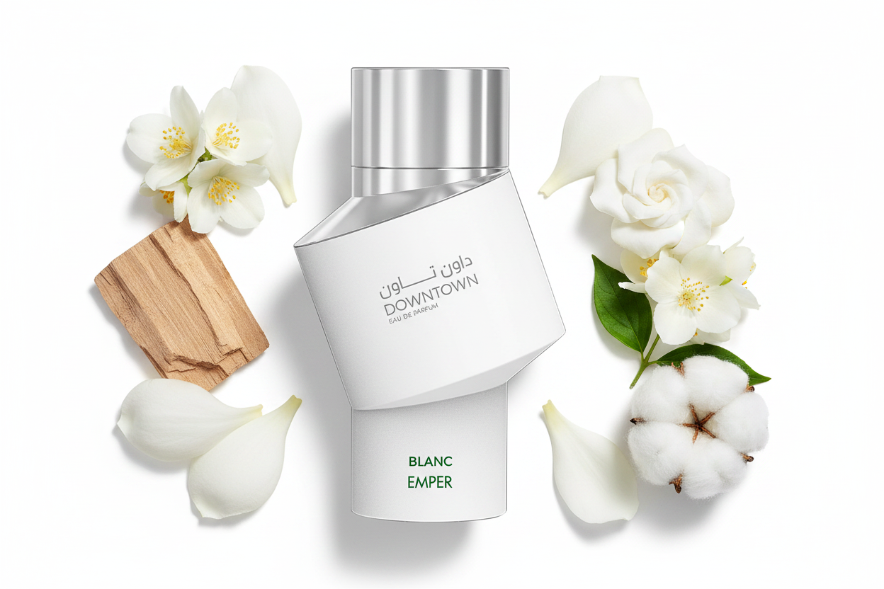Perfume Emper Downtown Blanc: frasco blanco con tapa plateada, Eau de parfum