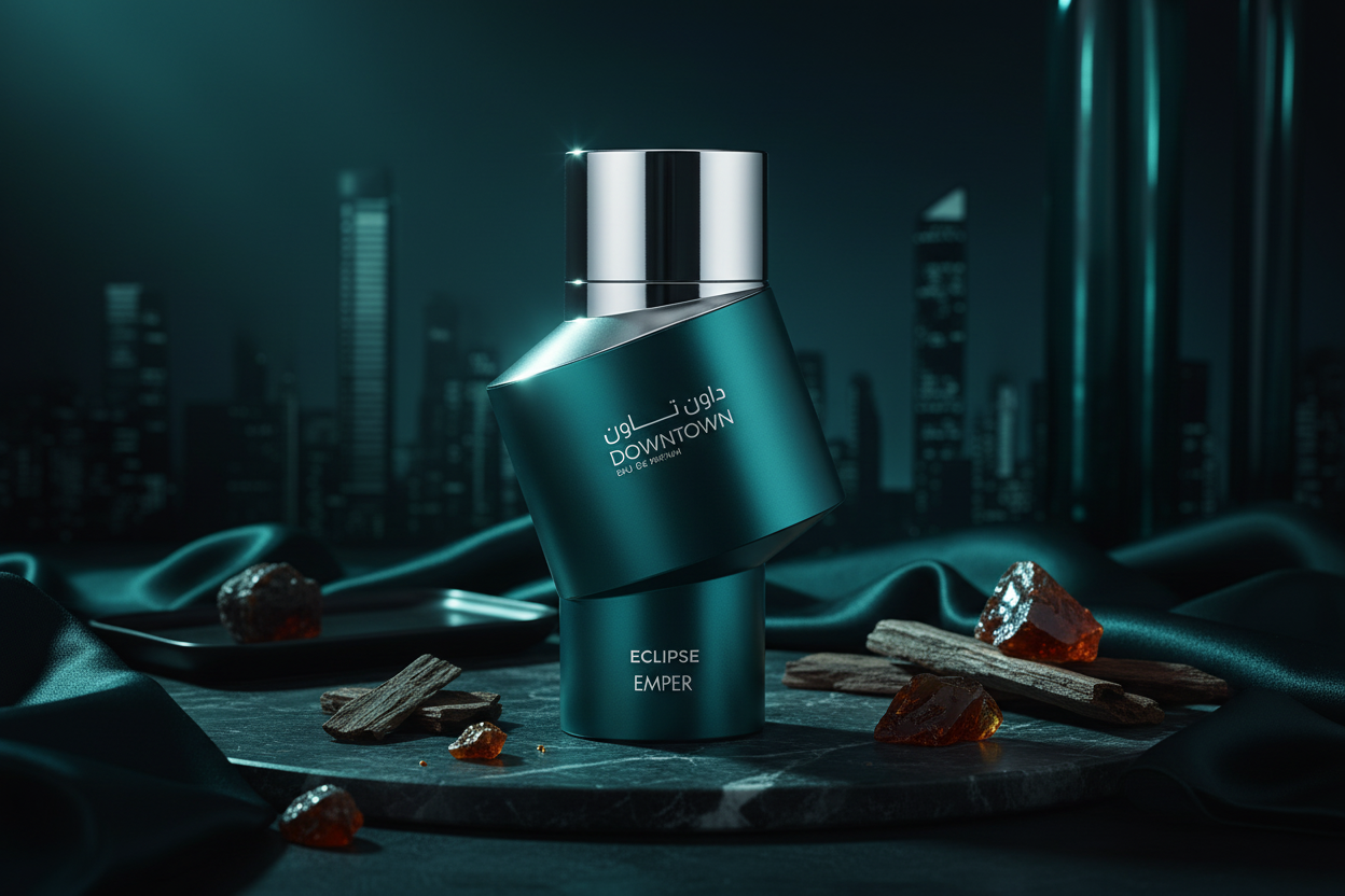 Botella de Eau de Parfum Emper Downtown Eclipse azul con tapa plateada y trozos oscuros