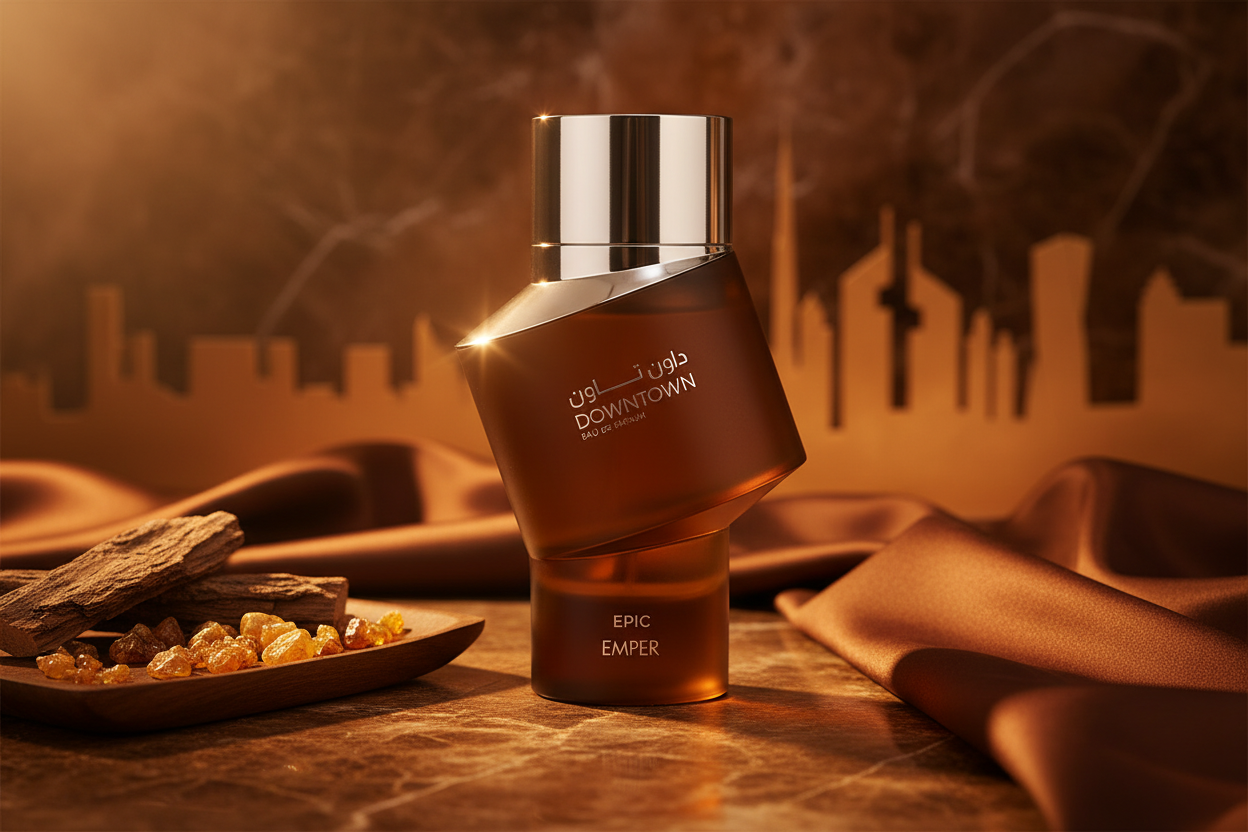 Frasco de Eau de Parfum Emper Downtown Epic, 100 ml, vidrio ámbar y tapa metálica