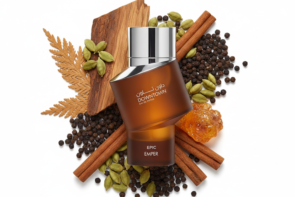 Fragancia Emper Downtown Epic, frasco de Eau de Parfum 100 ml con tapa plateada