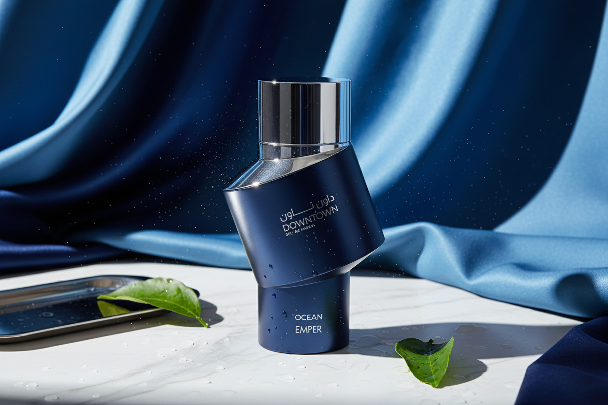 Eau de parfum Emper Downtown Ocean 100 ml, frasco azul oscuro con tapa metálica