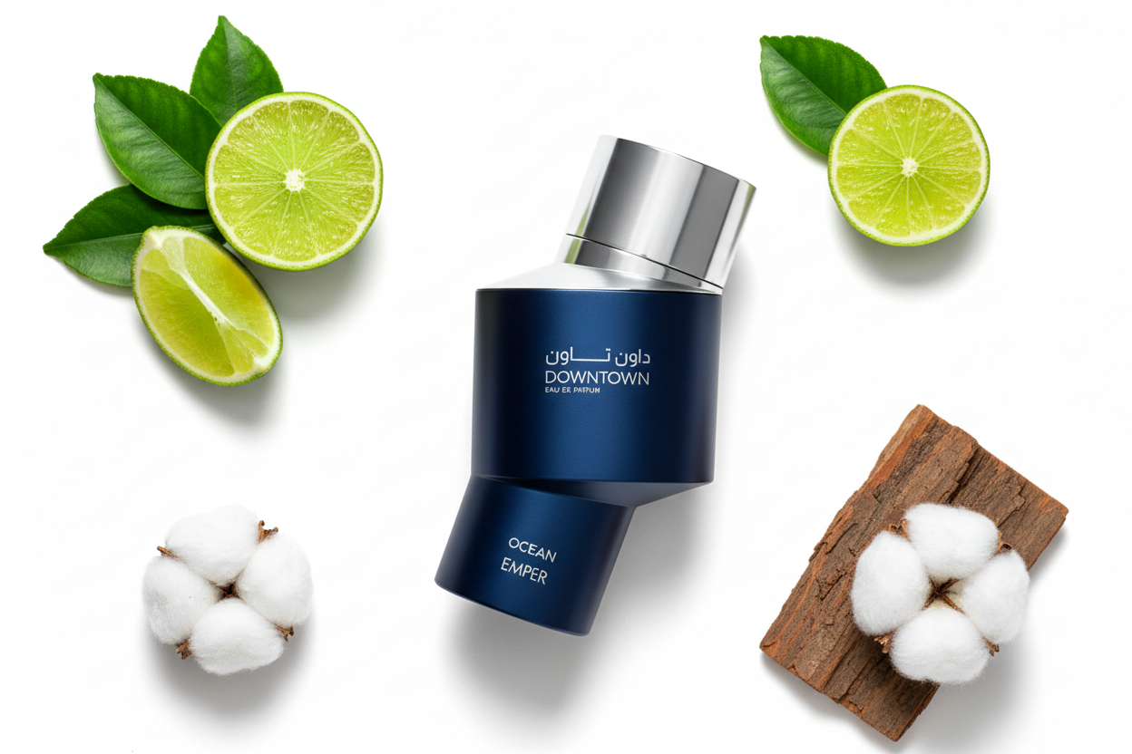Eau de parfum Emper Downtown Ocean 100 ml: frasco azul oscuro con tapa plateada