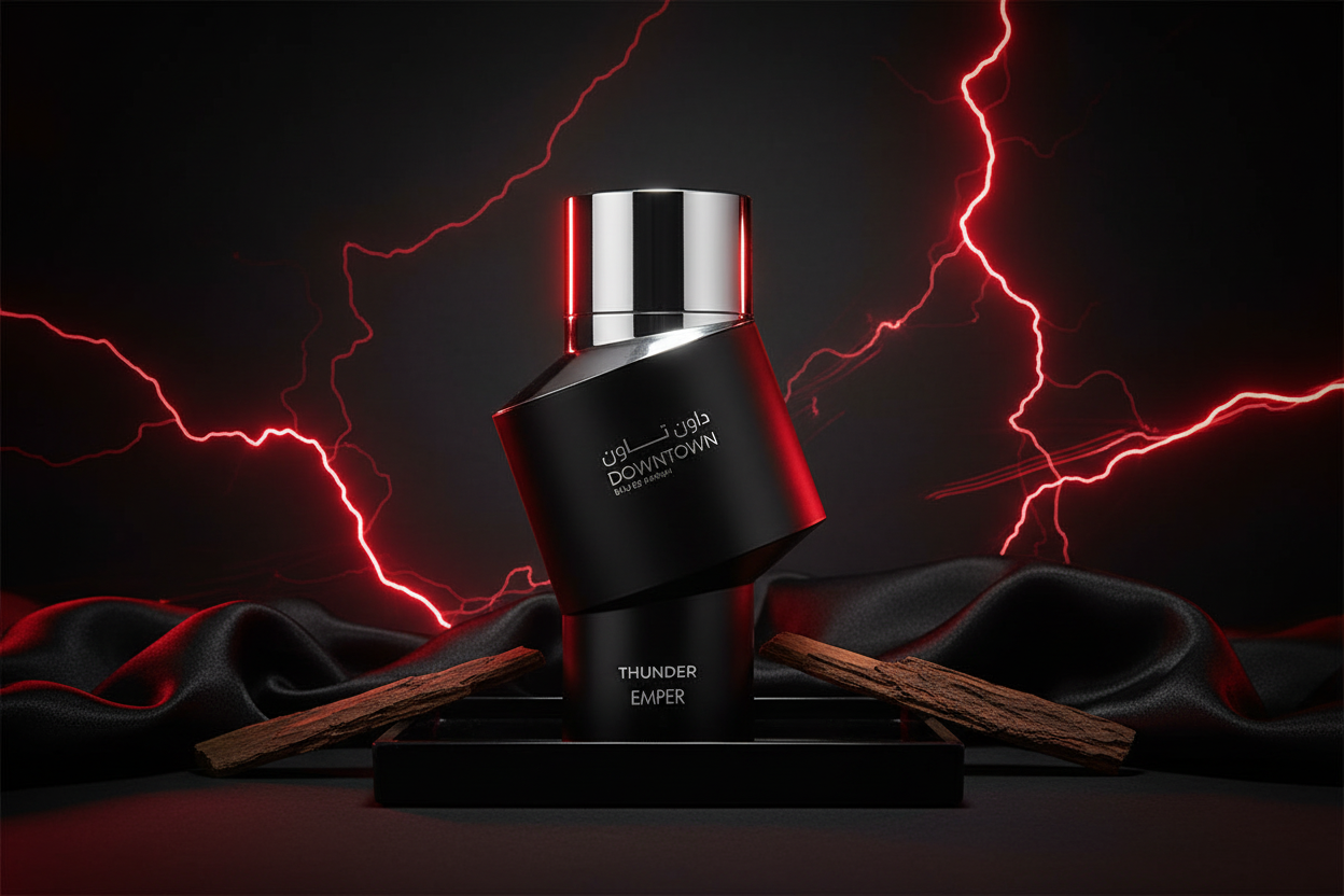 Frasco de Eau de Parfum Emper negro con tapa plateada sobre base