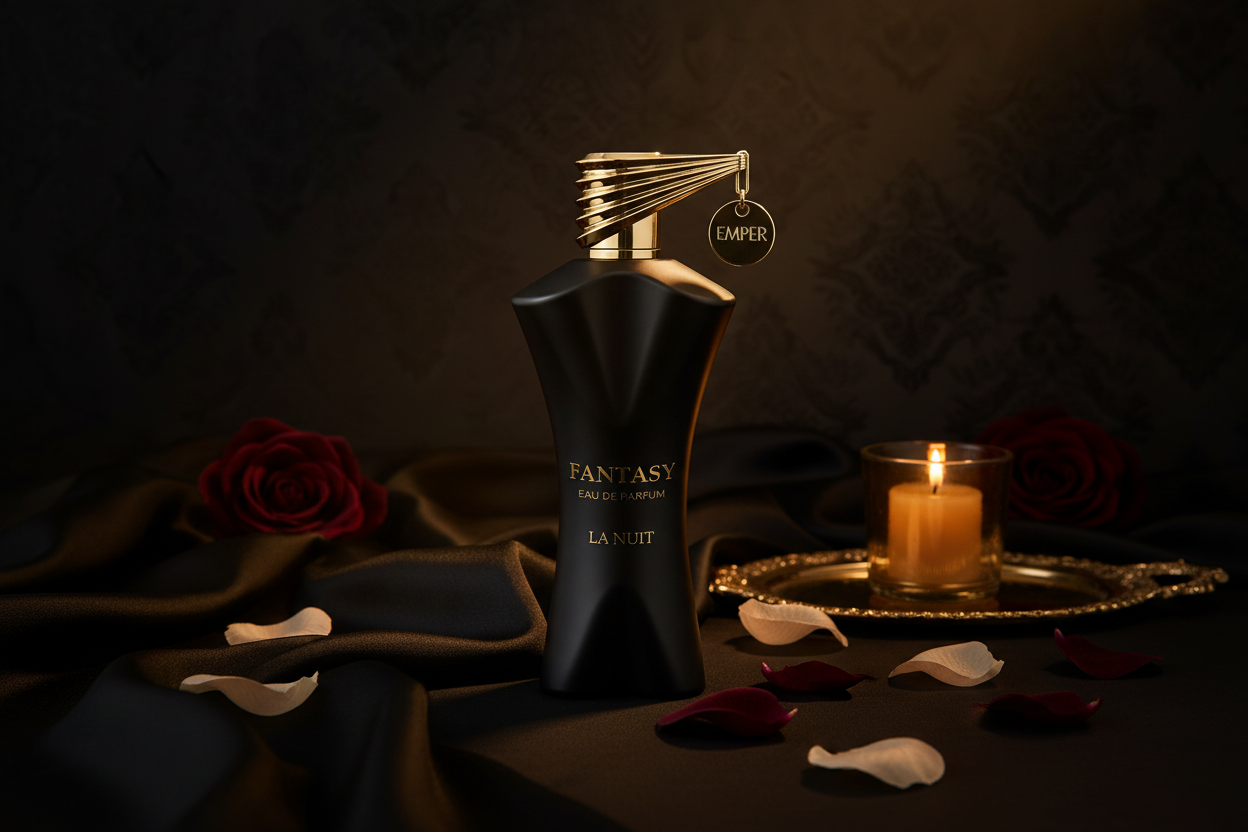 Botella de eau de parfum negra con tapón dorado y etiqueta Fantasy La Nuit, Emper