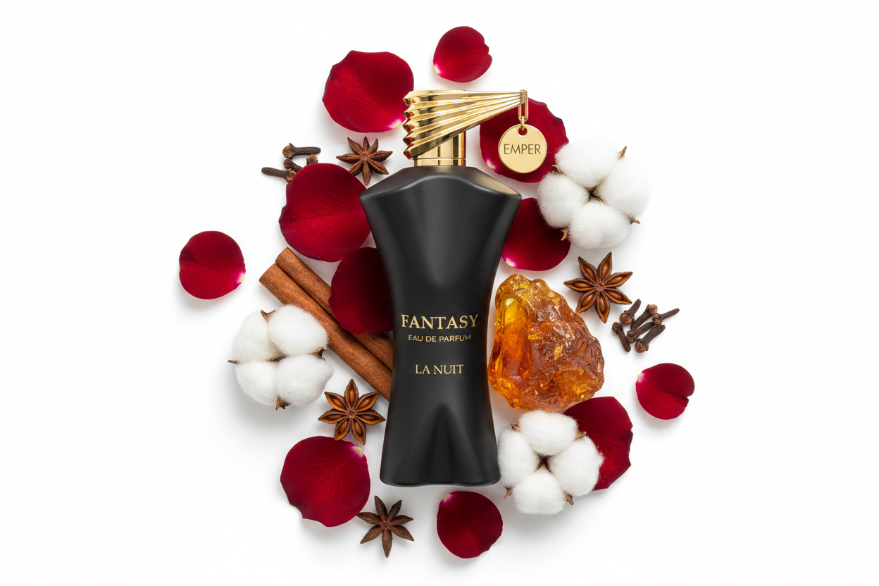 Frasco de eau de parfum negro con tapa dorada y etiqueta Fantasy La Nuit, Emper