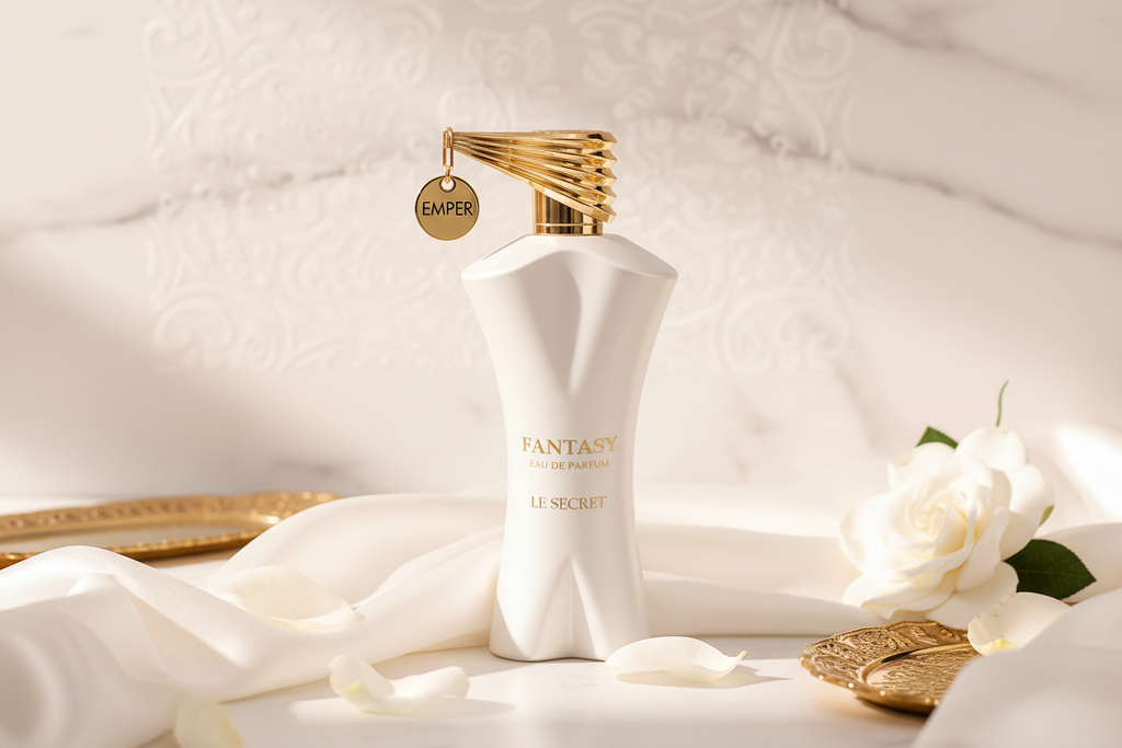 Perfume Eau de Parfum en botella blanca con tapa dorada y etiqueta frontal