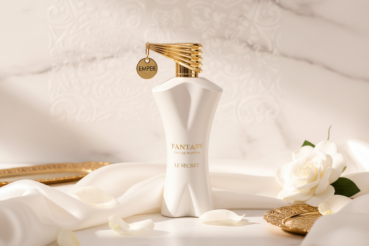 Perfume Eau de Parfum en botella blanca con tapa dorada y etiqueta frontal