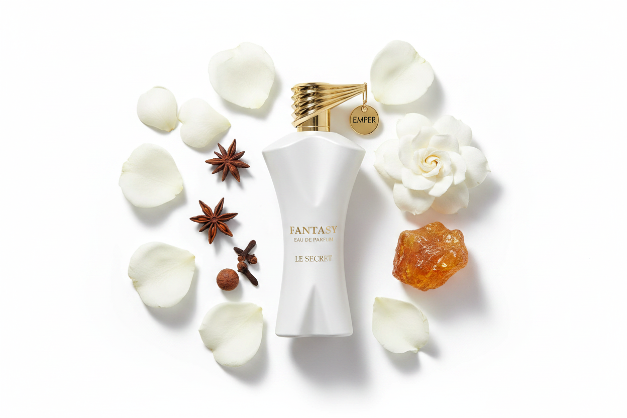Perfume Eau de Parfum en botella blanca con tapa dorada