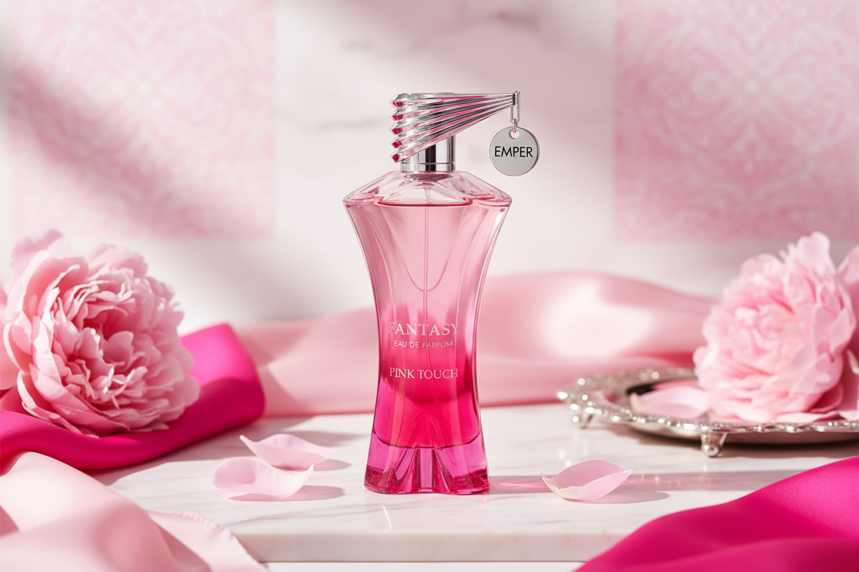 Perfume Emper Fantasy Pink Touch, frasco rosa con spray plateado