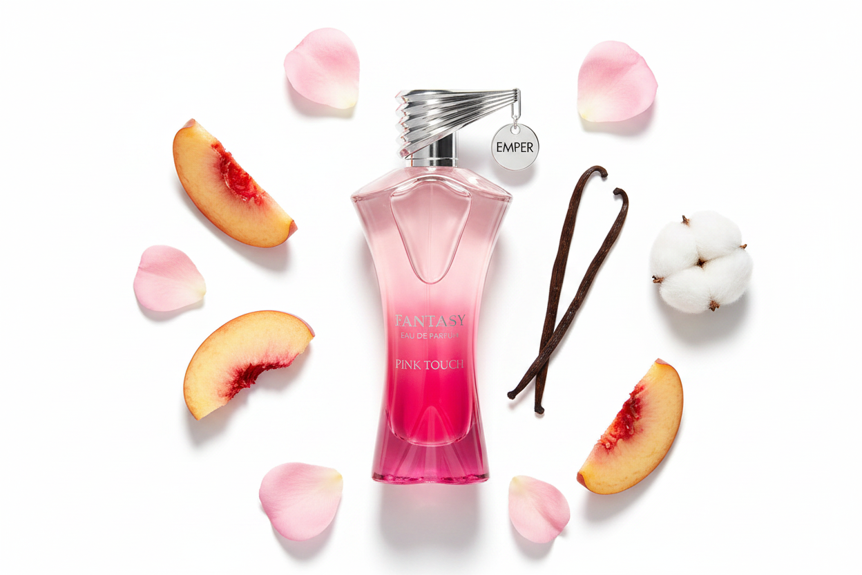 Perfume Emper Fantasy Pink Touch, frasco rosa con tapón plateado