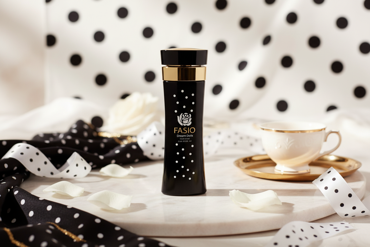 Perfume en frasco negro con tapa dorada y diseño de lunares blancos